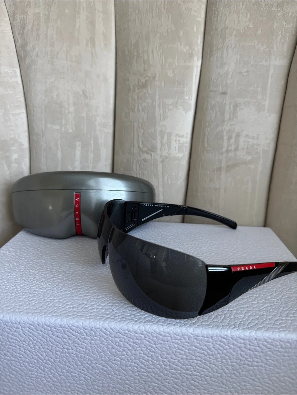 Prada Black Shield Sunglasses with Red Temple Accent